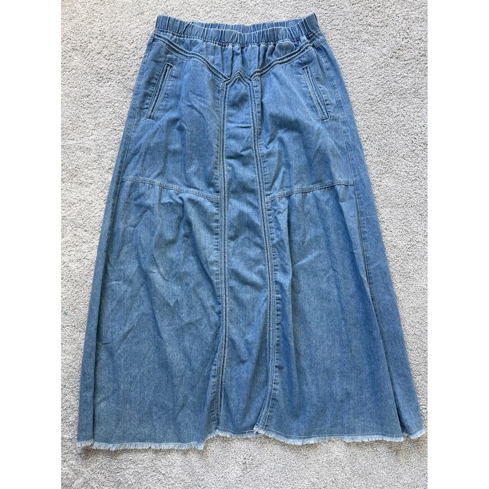 Light Wash Denim Maxi Skirt Elastic Waist Raw Hem Paneled Blue XL Western Pocket